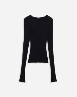 Lanvin ROUND NECK LONG SLEEVE RIBBED TOP IN SILK AND CASHMERE